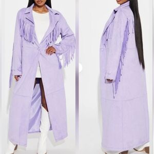 Fashion Nova Lavender Suede Fringe Long Trench Coat